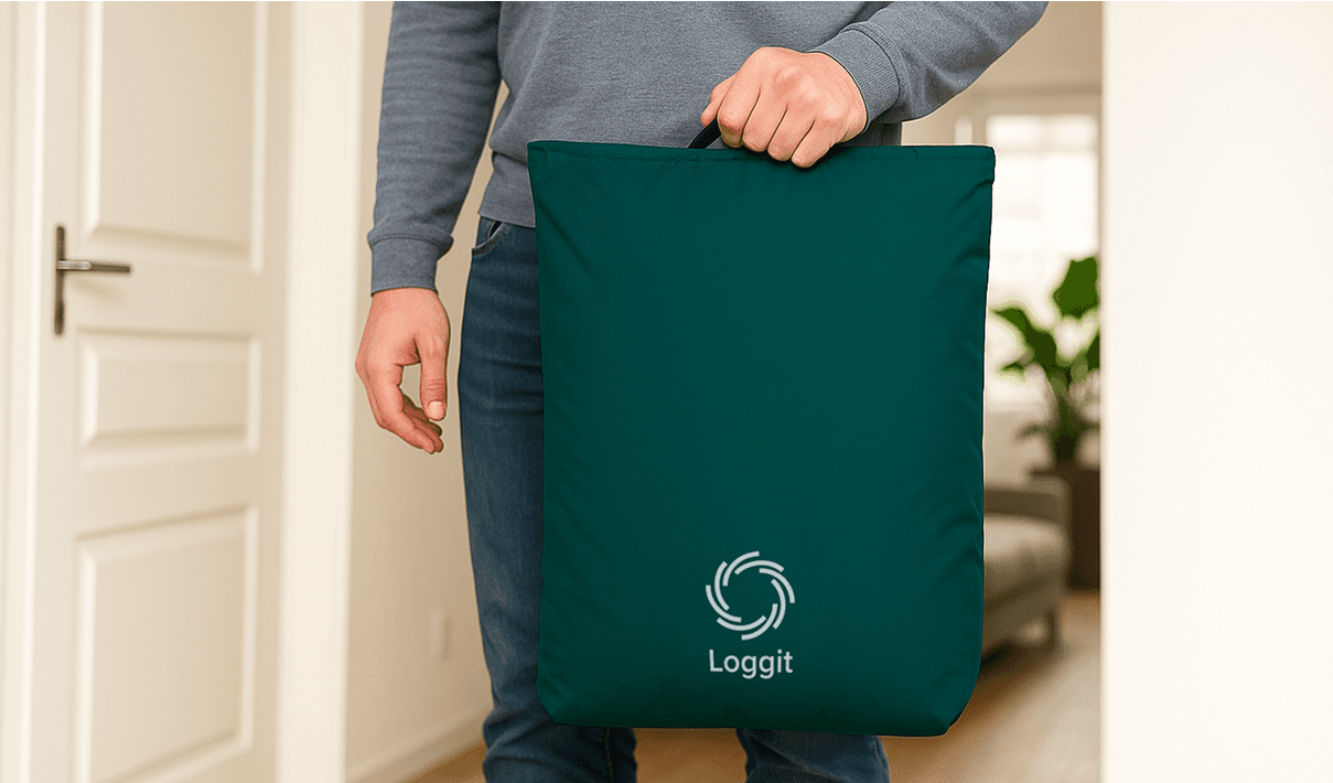 Person som holder en grønn Loggit-tekstilpose